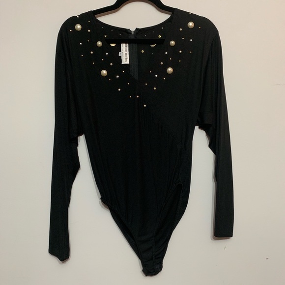 morton myles Tops - Vintage Morton Myles Black Pearl Stud Bodysuit Leotard Long Sleeve Size 4